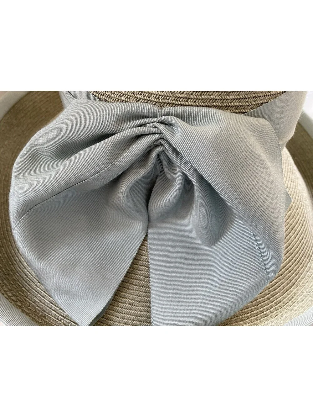 ERIC JAVITS Beige Natural Straw Wide Brim Fedora Floppy Sun Hat Blue Wide Bow
